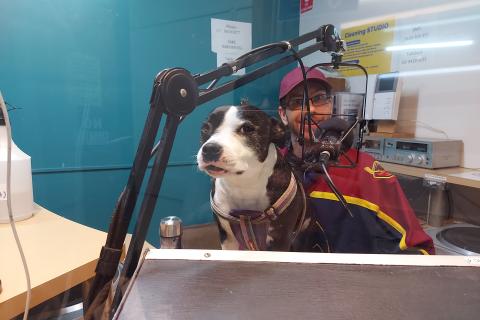 Photo of Nick and his dog Moo Moo in the 3CR studio