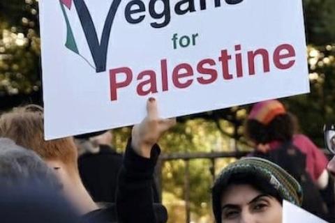 Photo of Dr Leila Dehghan holding a sign which says Vegans for Palestine at a solidarity rally