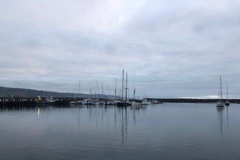 Fishing boats in a bay in the morning: Clouds, sea and water