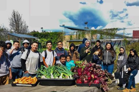 A group of more than 15 Richmond High School students and community members standing outside in the onsite garden, in the foreground is a wooden table laden with freshly harvested piles of juicy carrots, leeks and beetroot. In the background fertile fruit and vegetable crops are visible with other greenery and infrastructure, under a blue sky with the promise of rain clouds.