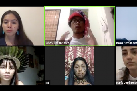 Webinar screen grab of headshots of all six participants including Xiye Bastida, Isaias Hernandez, Maria Jose Bejarano de Oliveira, Walela Txai Surui, Jakob Siringoringo & Militza Flaco.