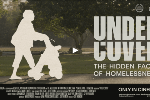 Promo image for a documentary movie called Undercover showing the silhouette of a woman pushing a walker through a park